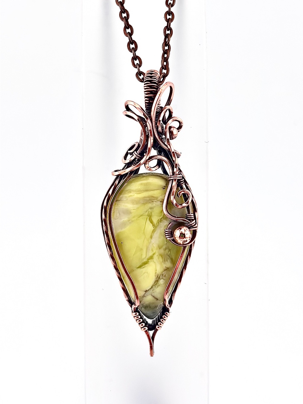 HANDMADE Serpentine Copper Wire Wrapped Pendant Necklace, Artisan Jewelry Gift